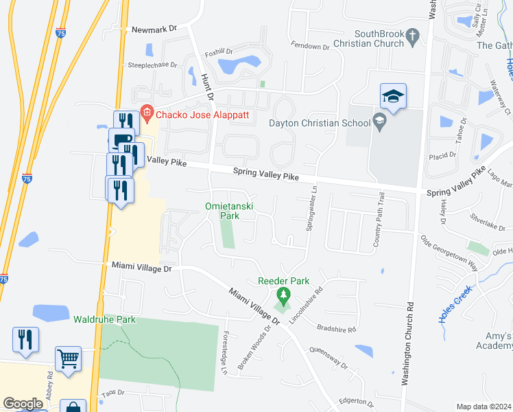 map of restaurants, bars, coffee shops, grocery stores, and more near 2357 Cross Village Drive in Miamisburg