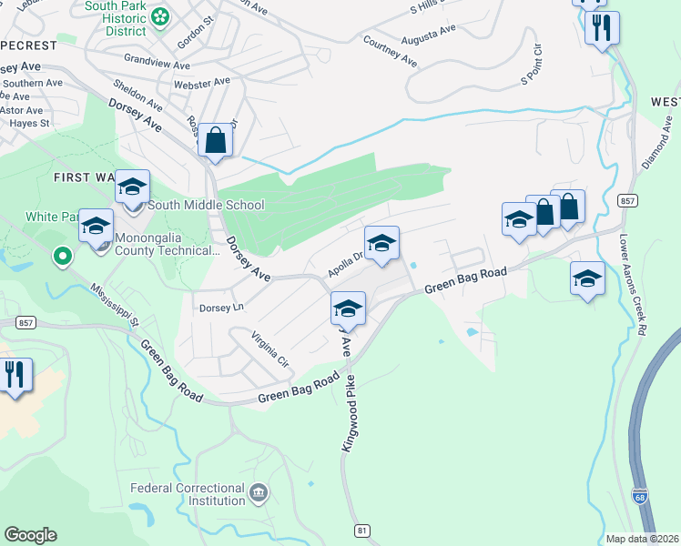 map of restaurants, bars, coffee shops, grocery stores, and more near 103 Apolla Drive in Morgantown