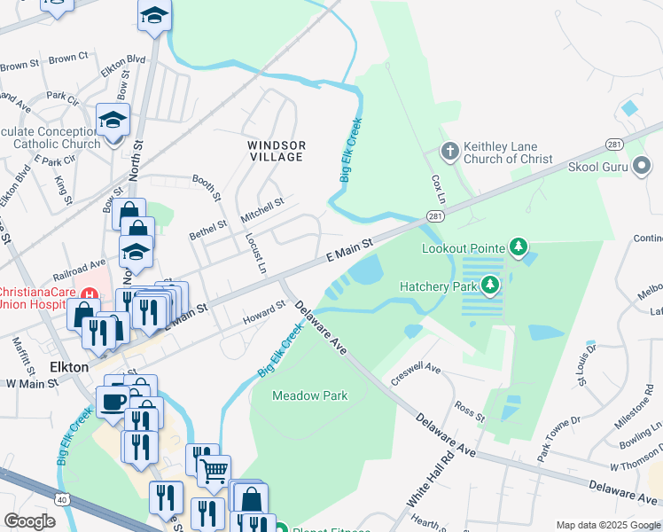 map of restaurants, bars, coffee shops, grocery stores, and more near 256 Maryland 281 in Elkton