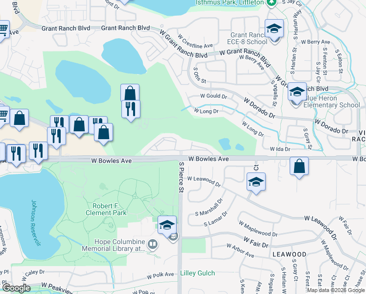 map of restaurants, bars, coffee shops, grocery stores, and more near 6805 West Bowles Avenue in Littleton