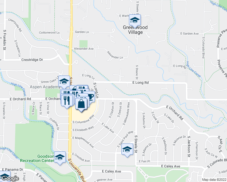 map of restaurants, bars, coffee shops, grocery stores, and more near 5870 South Clayton Court in Greenwood Village