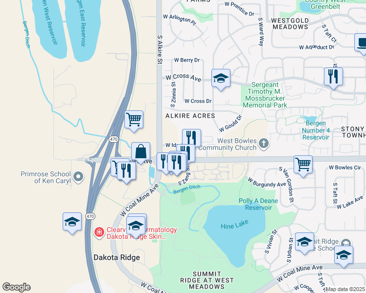 map of restaurants, bars, coffee shops, grocery stores, and more near 13024 West Ida Avenue in Littleton