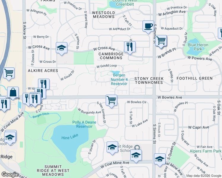 map of restaurants, bars, coffee shops, grocery stores, and more near 12146 West Ida Drive in Littleton