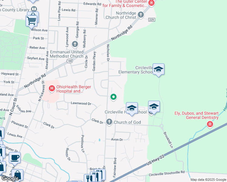 map of restaurants, bars, coffee shops, grocery stores, and more near 525 Maize Court in Circleville