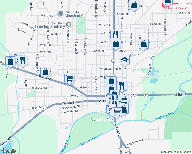map of restaurants, bars, coffee shops, grocery stores, and more near 404 N Harrison St in Rushville