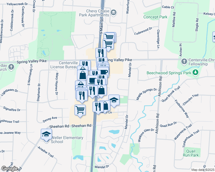 map of restaurants, bars, coffee shops, grocery stores, and more near 55 Skeeter Lane in Dayton