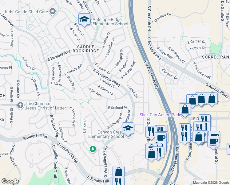 map of restaurants, bars, coffee shops, grocery stores, and more near 23072 East Alamo Place in Aurora