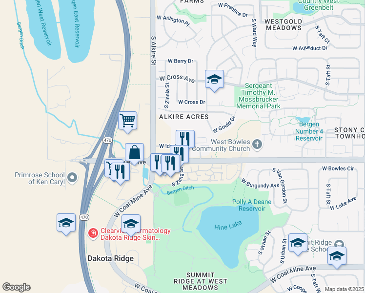 map of restaurants, bars, coffee shops, grocery stores, and more near 13024 West Ida Avenue in Littleton