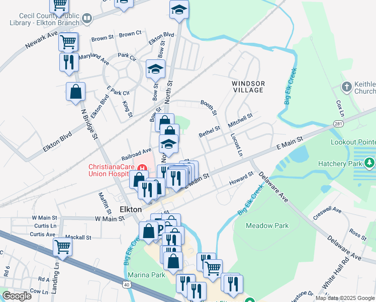 map of restaurants, bars, coffee shops, grocery stores, and more near 151 East High Street in Elkton