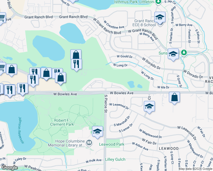 map of restaurants, bars, coffee shops, grocery stores, and more near 6805 West Bowles Avenue in Littleton