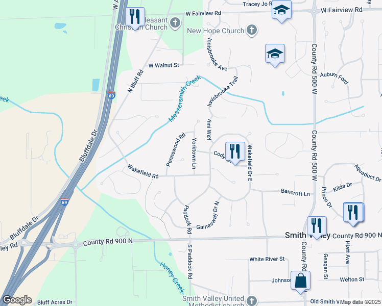 map of restaurants, bars, coffee shops, grocery stores, and more near 302 Fairfax Lane in Greenwood