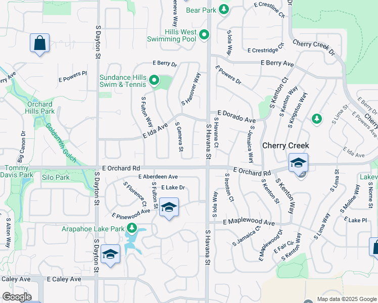 map of restaurants, bars, coffee shops, grocery stores, and more near 5823 South Hanover Way in Greenwood Village