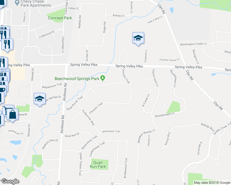 map of restaurants, bars, coffee shops, grocery stores, and more near 1400 Clear Springs Court in Dayton