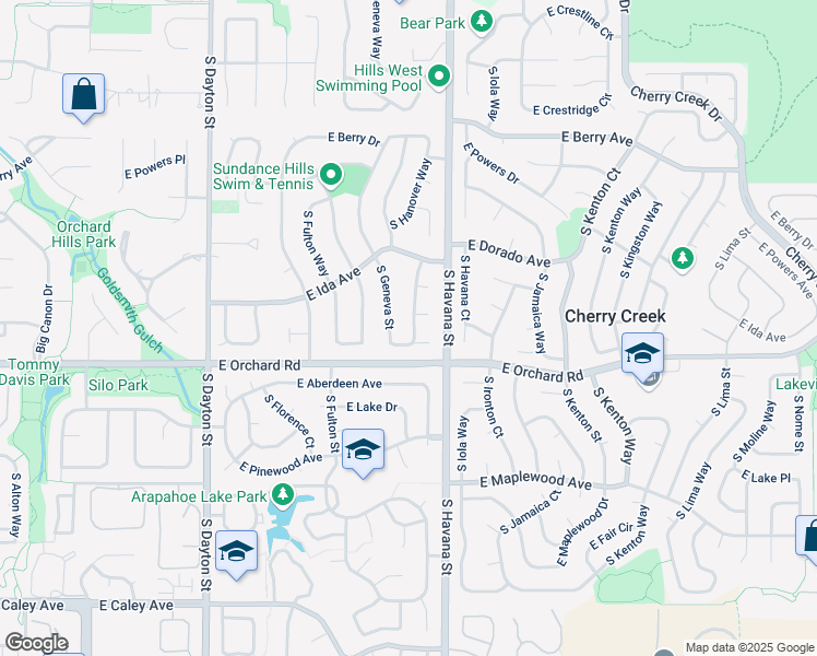 map of restaurants, bars, coffee shops, grocery stores, and more near 5823 South Hanover Way in Greenwood Village