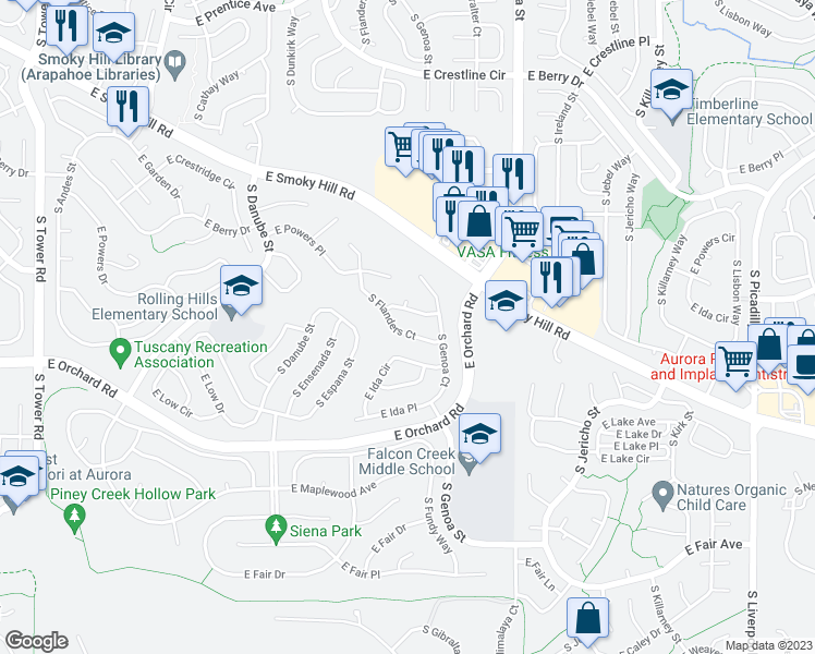 map of restaurants, bars, coffee shops, grocery stores, and more near 5768 South Flanders Court in Aurora
