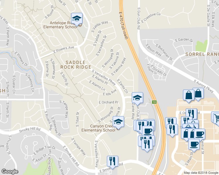 map of restaurants, bars, coffee shops, grocery stores, and more near 23072 East Alamo Place in Aurora