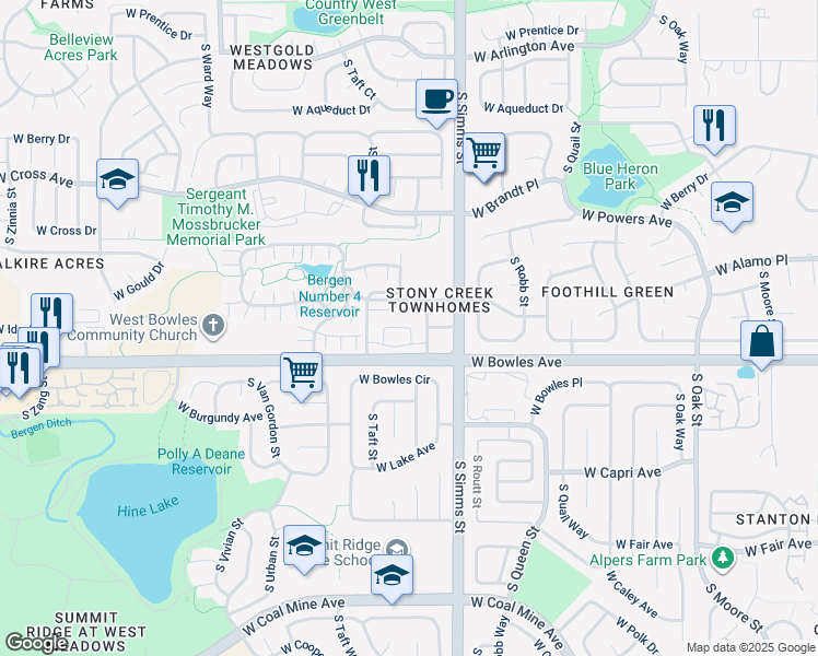 map of restaurants, bars, coffee shops, grocery stores, and more near 5842 South Taft Street in Littleton