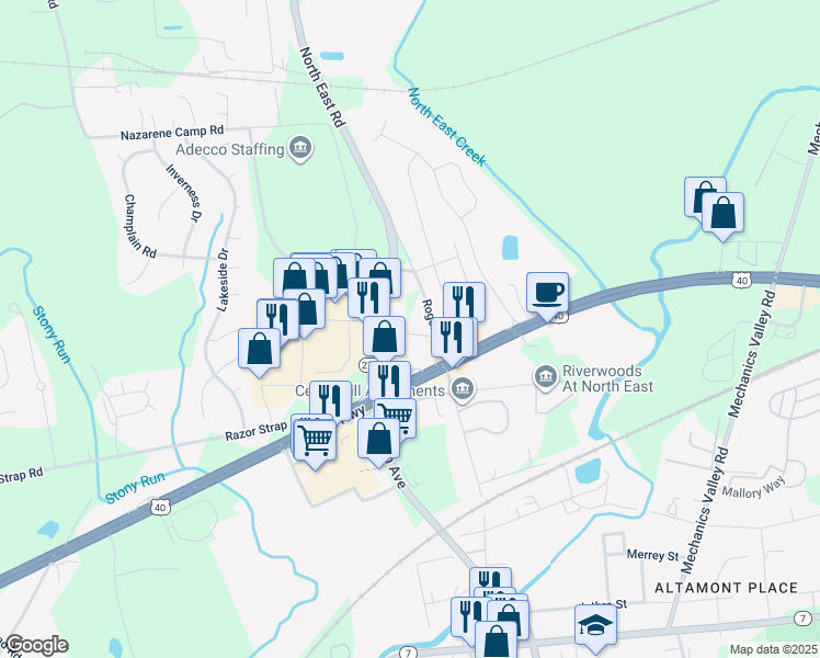 map of restaurants, bars, coffee shops, grocery stores, and more near 16 Bradley Lane in North East