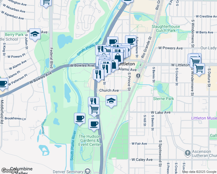 map of restaurants, bars, coffee shops, grocery stores, and more near in Littleton