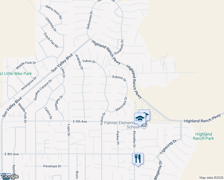 map of restaurants, bars, coffee shops, grocery stores, and more near 6467 Edisto Court in Sun Valley