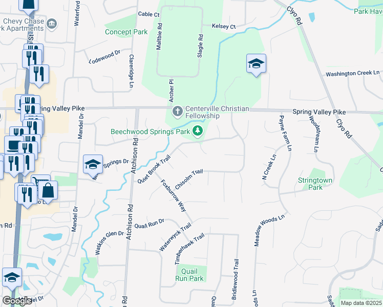 map of restaurants, bars, coffee shops, grocery stores, and more near 9563 Warm Springs Court in Dayton
