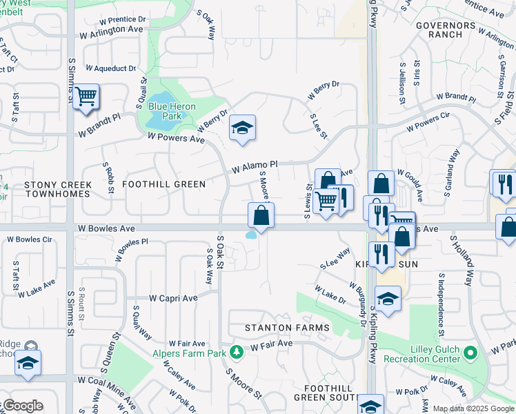 map of restaurants, bars, coffee shops, grocery stores, and more near 5876 South Nelson Street in Littleton
