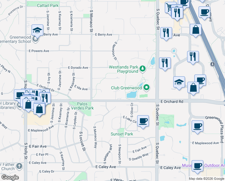 map of restaurants, bars, coffee shops, grocery stores, and more near 6783 East Orchard Road in Greenwood Village