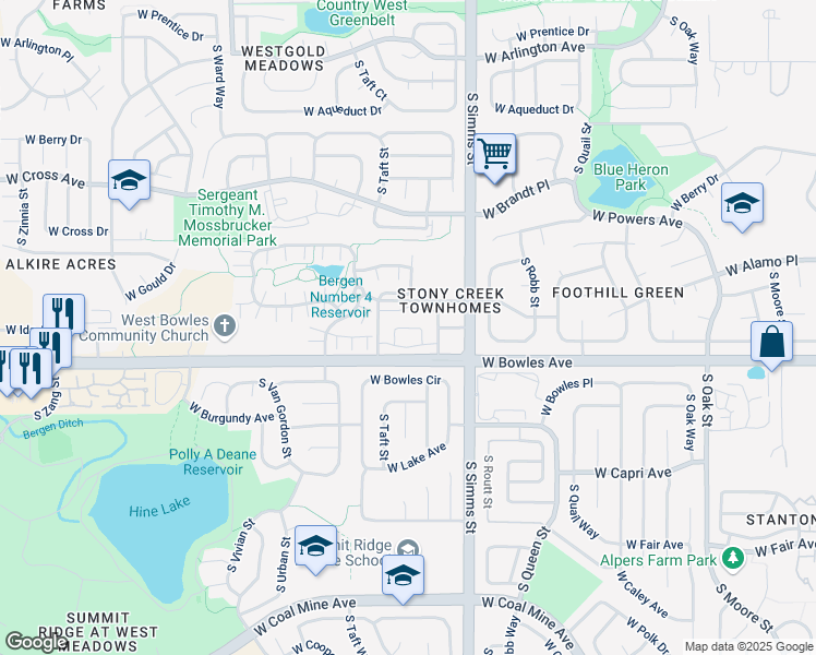 map of restaurants, bars, coffee shops, grocery stores, and more near 11245 West Bowles Avenue in Littleton