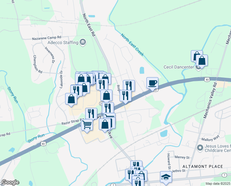 map of restaurants, bars, coffee shops, grocery stores, and more near 16 Bradley Lane in North East
