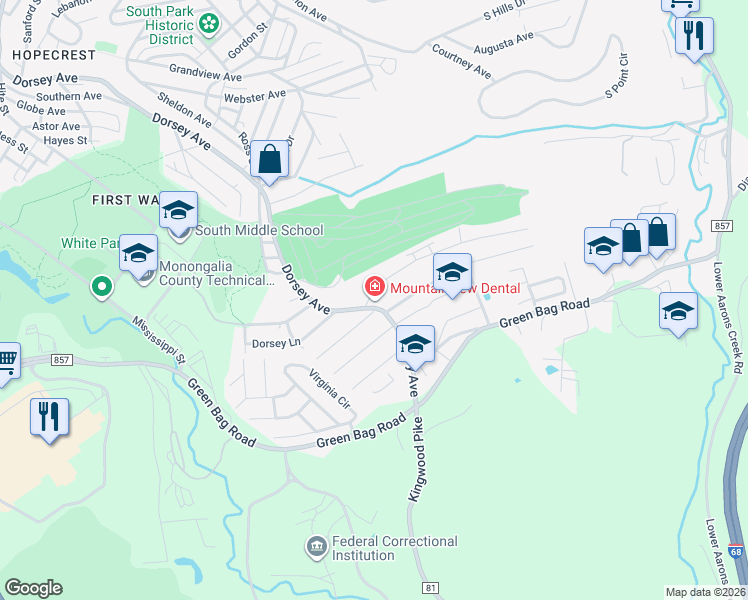 map of restaurants, bars, coffee shops, grocery stores, and more near 1321 Dorsey Ave in Morgantown
