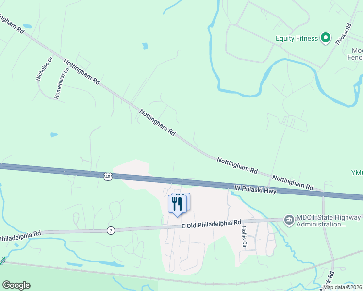 map of restaurants, bars, coffee shops, grocery stores, and more near 1120 Nottingham Road in Elkton