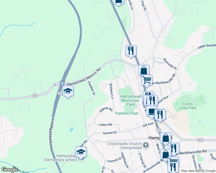 map of restaurants, bars, coffee shops, grocery stores, and more near 3815 Sunnyfield Court in Hampstead