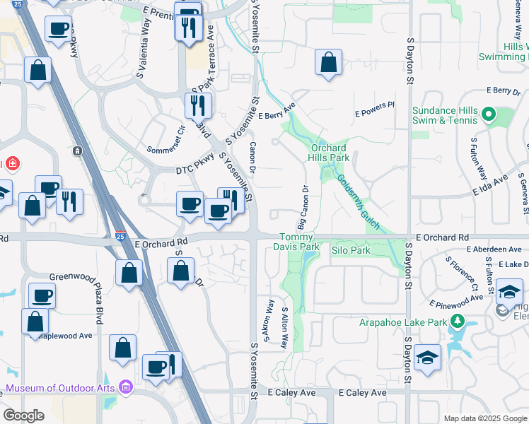 map of restaurants, bars, coffee shops, grocery stores, and more near 8965 Big Canon Place in Greenwood Village