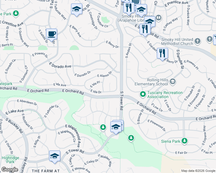 map of restaurants, bars, coffee shops, grocery stores, and more near 5859 South Walden Court in Centennial