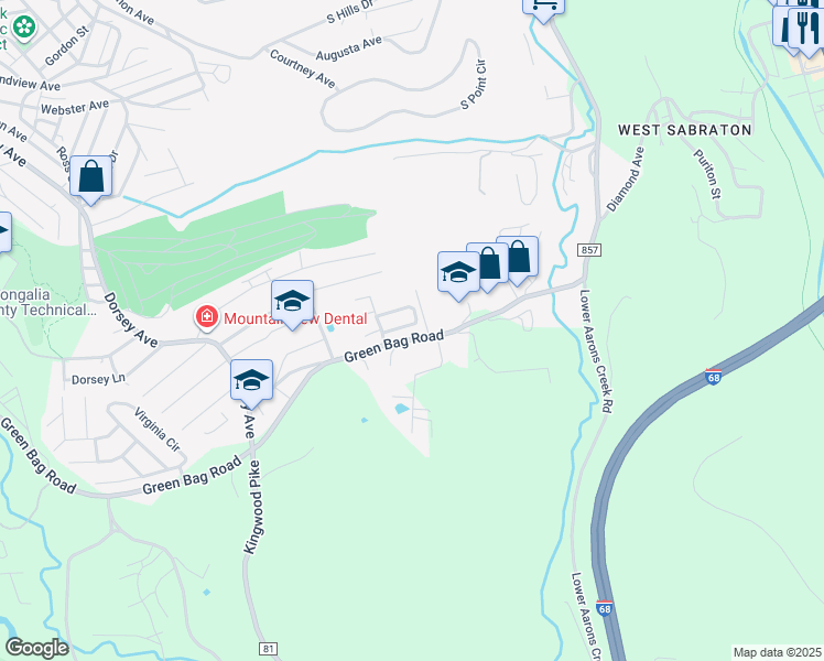 map of restaurants, bars, coffee shops, grocery stores, and more near 768 Green Bag Road in Morgantown