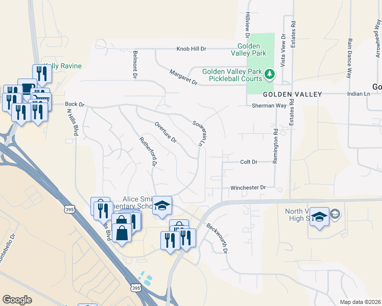 map of restaurants, bars, coffee shops, grocery stores, and more near 7265 Souverain Lane in Reno