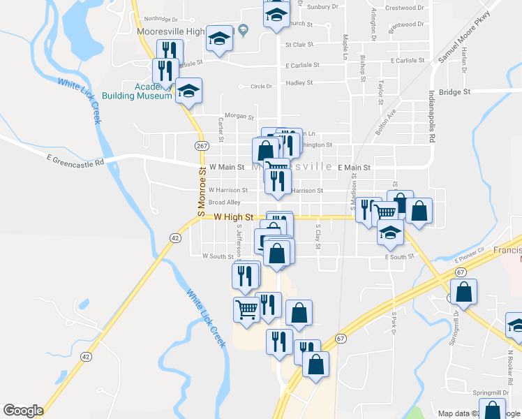 map of restaurants, bars, coffee shops, grocery stores, and more near 32 West High Street in Mooresville
