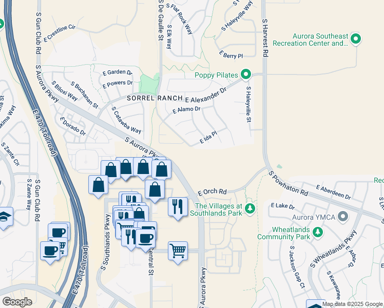 map of restaurants, bars, coffee shops, grocery stores, and more near S Aurora Pkwy in Aurora