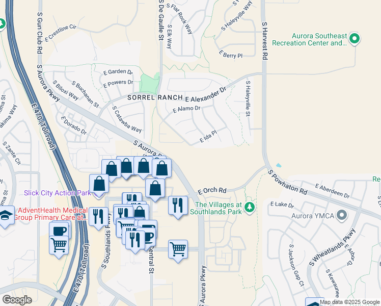 map of restaurants, bars, coffee shops, grocery stores, and more near S Aurora Pkwy in Aurora