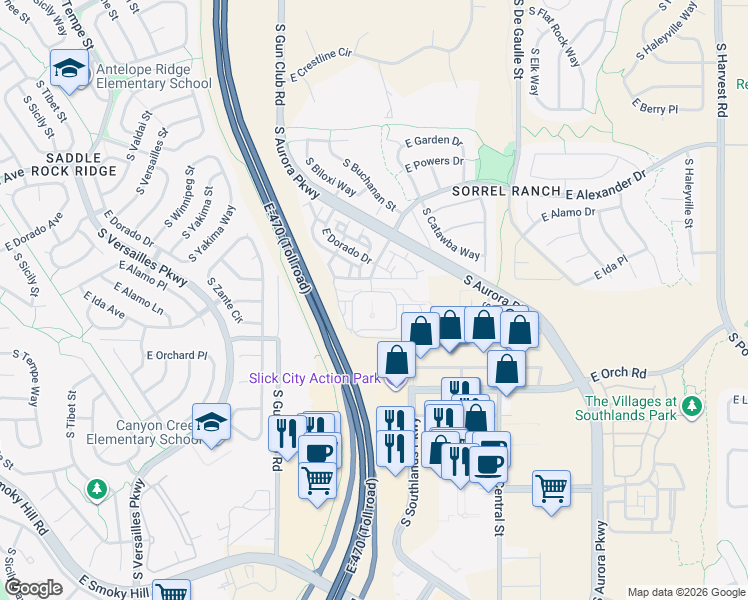 map of restaurants, bars, coffee shops, grocery stores, and more near E Alexander Dr in Aurora