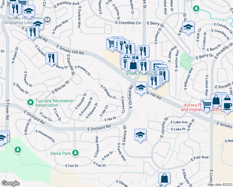 map of restaurants, bars, coffee shops, grocery stores, and more near 5768 South Flanders Court in Aurora