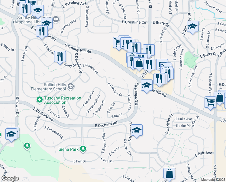 map of restaurants, bars, coffee shops, grocery stores, and more near 5828 South Espana Street in Aurora