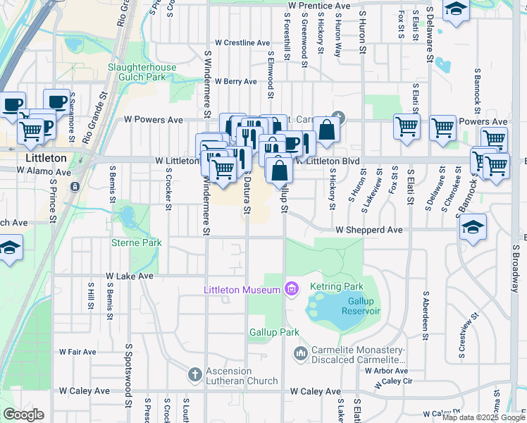 map of restaurants, bars, coffee shops, grocery stores, and more near 5844 South Datura Street in Littleton