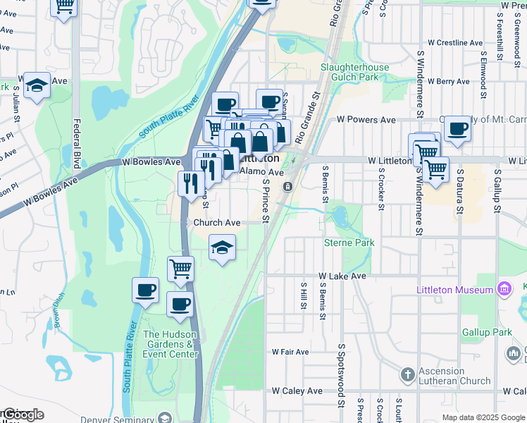 map of restaurants, bars, coffee shops, grocery stores, and more near 2453 Church Avenue in Littleton