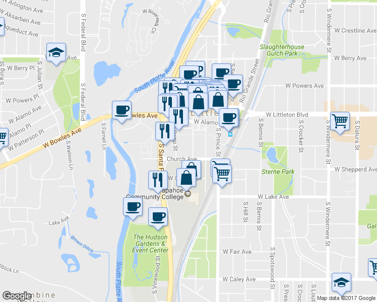 map of restaurants, bars, coffee shops, grocery stores, and more near in Littleton