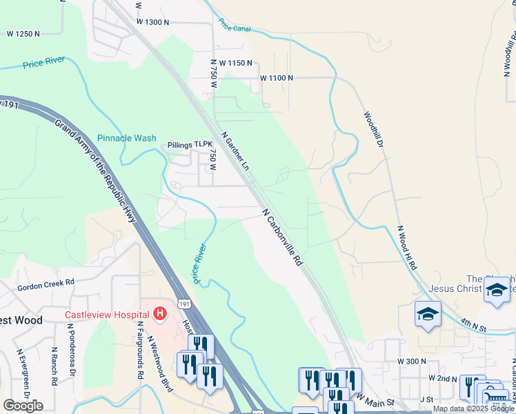map of restaurants, bars, coffee shops, grocery stores, and more near 633 West 700 North in Price