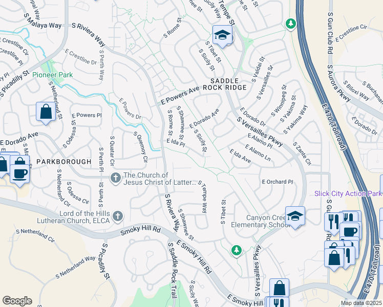 map of restaurants, bars, coffee shops, grocery stores, and more near 22254 East Ida Place in Aurora