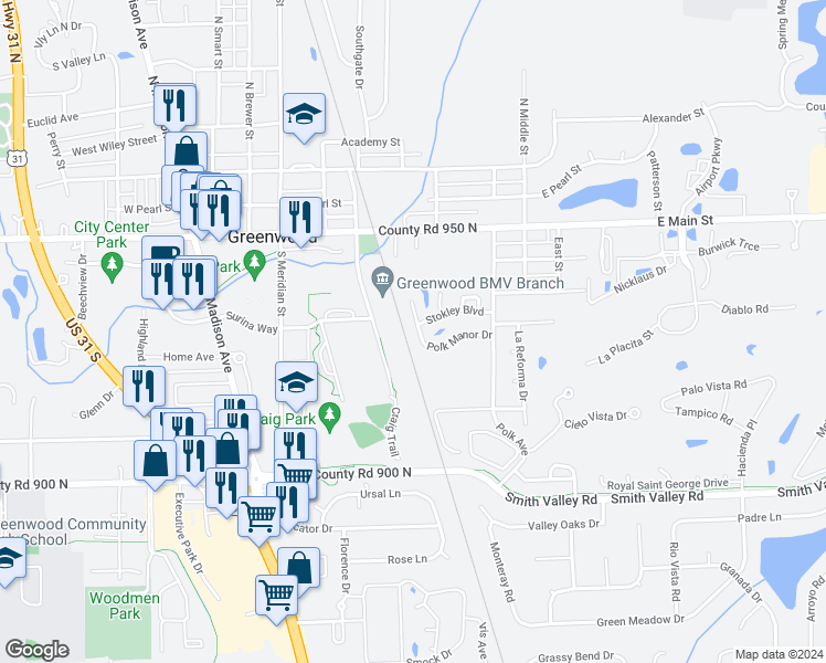 map of restaurants, bars, coffee shops, grocery stores, and more near 353 Polk Manor Drive in Greenwood