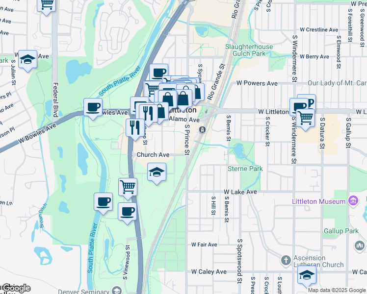 map of restaurants, bars, coffee shops, grocery stores, and more near 5873 South Prince Street in Littleton