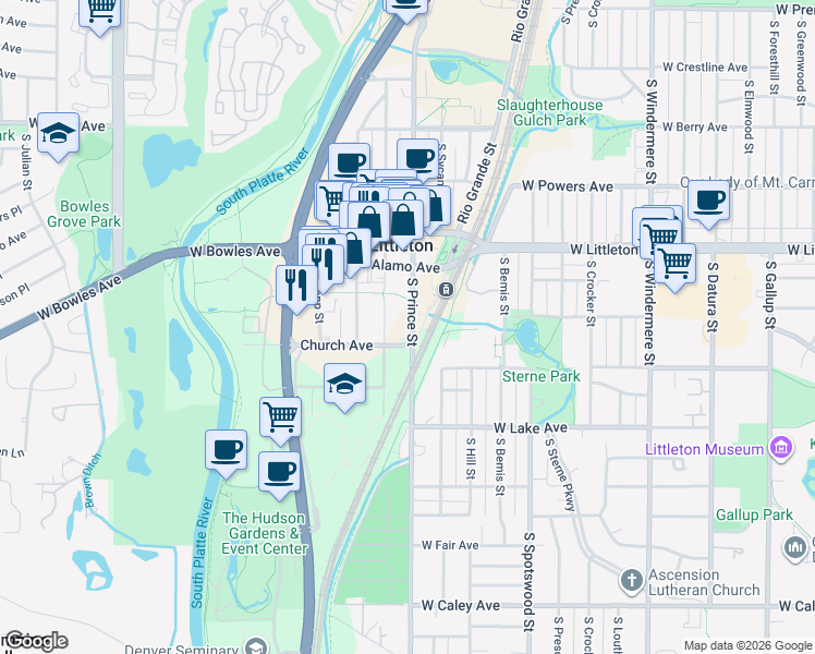 map of restaurants, bars, coffee shops, grocery stores, and more near 5873 South Prince Street in Littleton